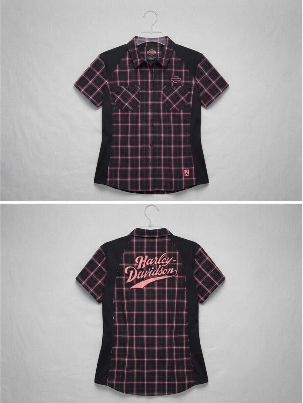 Harley-Davidson Women's Pink Ribbon Plaid Button-Down Shirt Sz XL